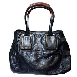 Chloe Black Polished Leather Ethel Tote Bag Cognac Brown Leather Handle